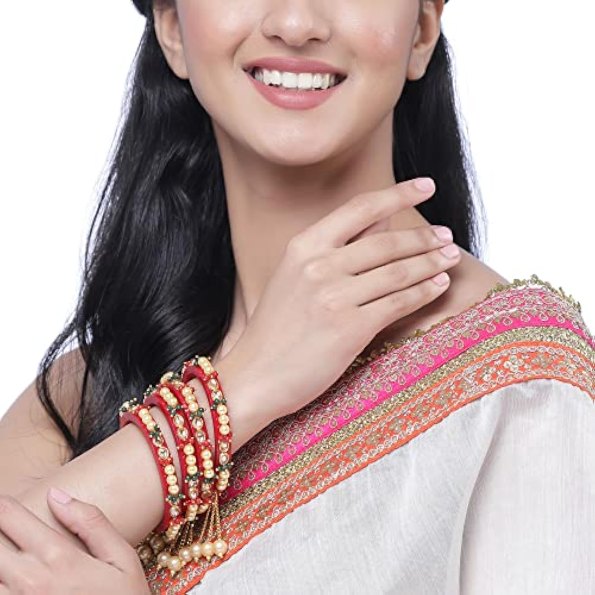 Gold-Plated Green Flower Engraved Bangles Set, Handcrafted Jewellery (Set Of 2)